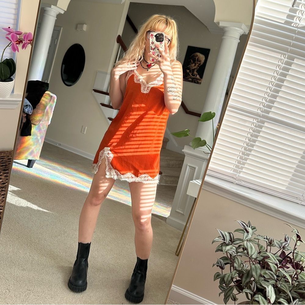 Urban outfitters out from under orange and white lace slip dress